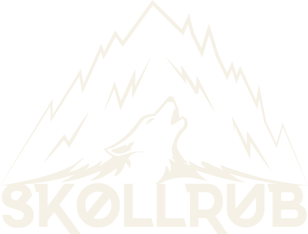 Logo Sköllrub : un loup hurlant devant une montagne